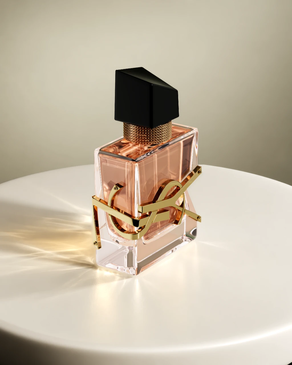 3D rendering of a pink perfume bottle with gold accents and black cap on a white table.
