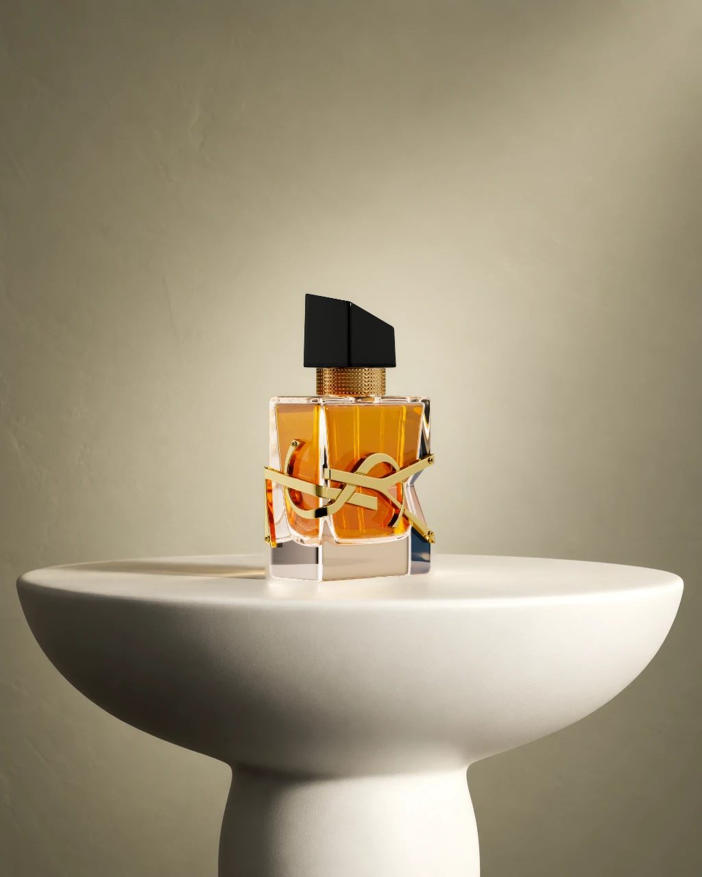 3D rendering of a luxury perfume bottle on a white pedestal against a beige background.