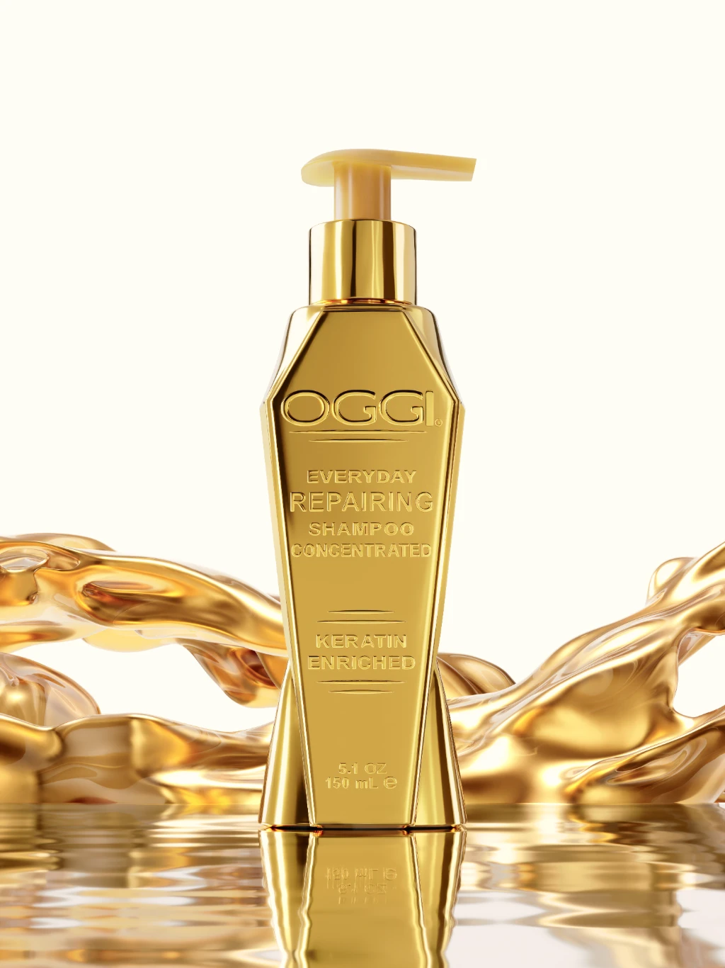 3D rendering of a gold shampoo bottle with golden liquid splashes on a reflective surface, white background.