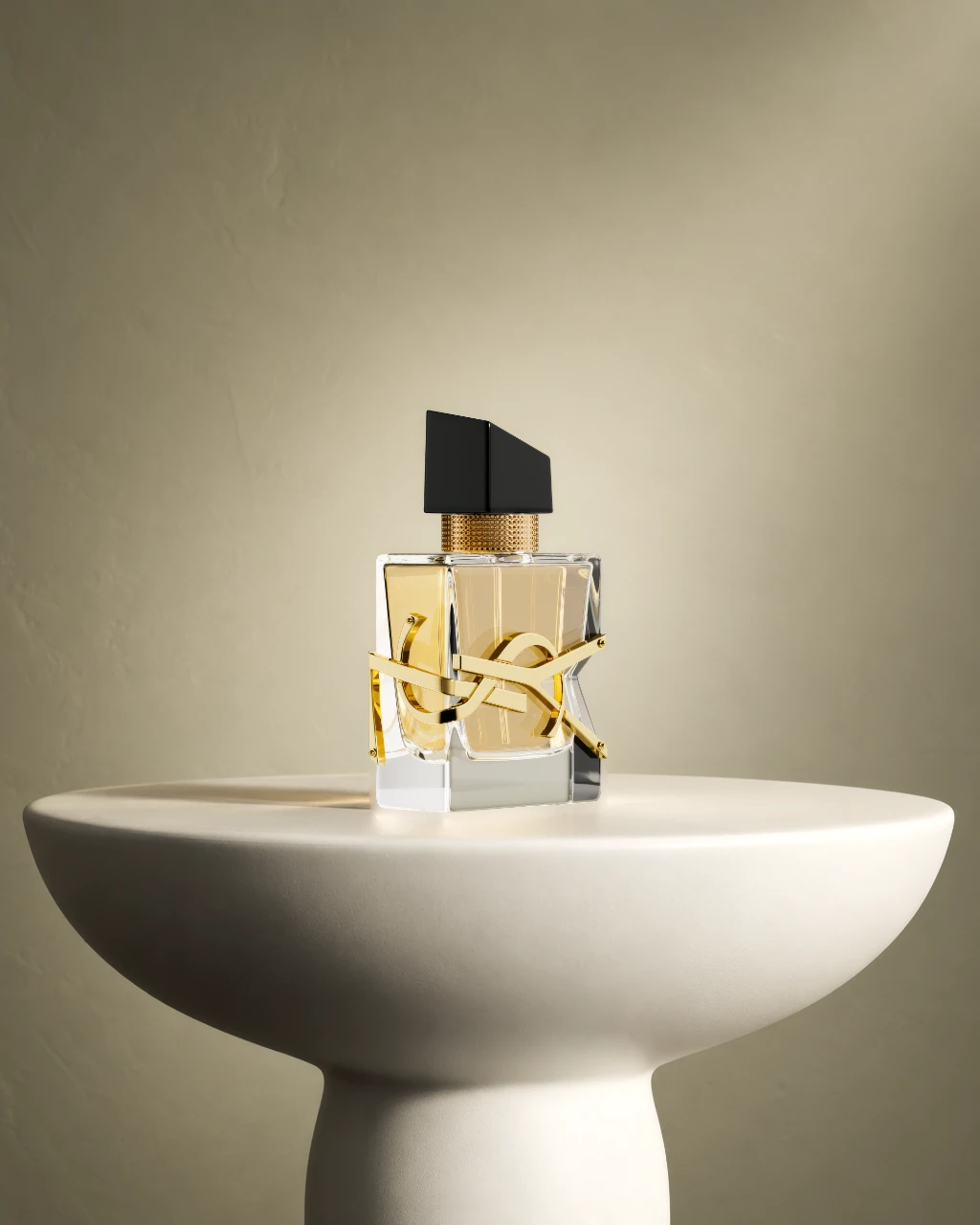3D rendering of a luxury perfume bottle on a white pedestal against a beige background.