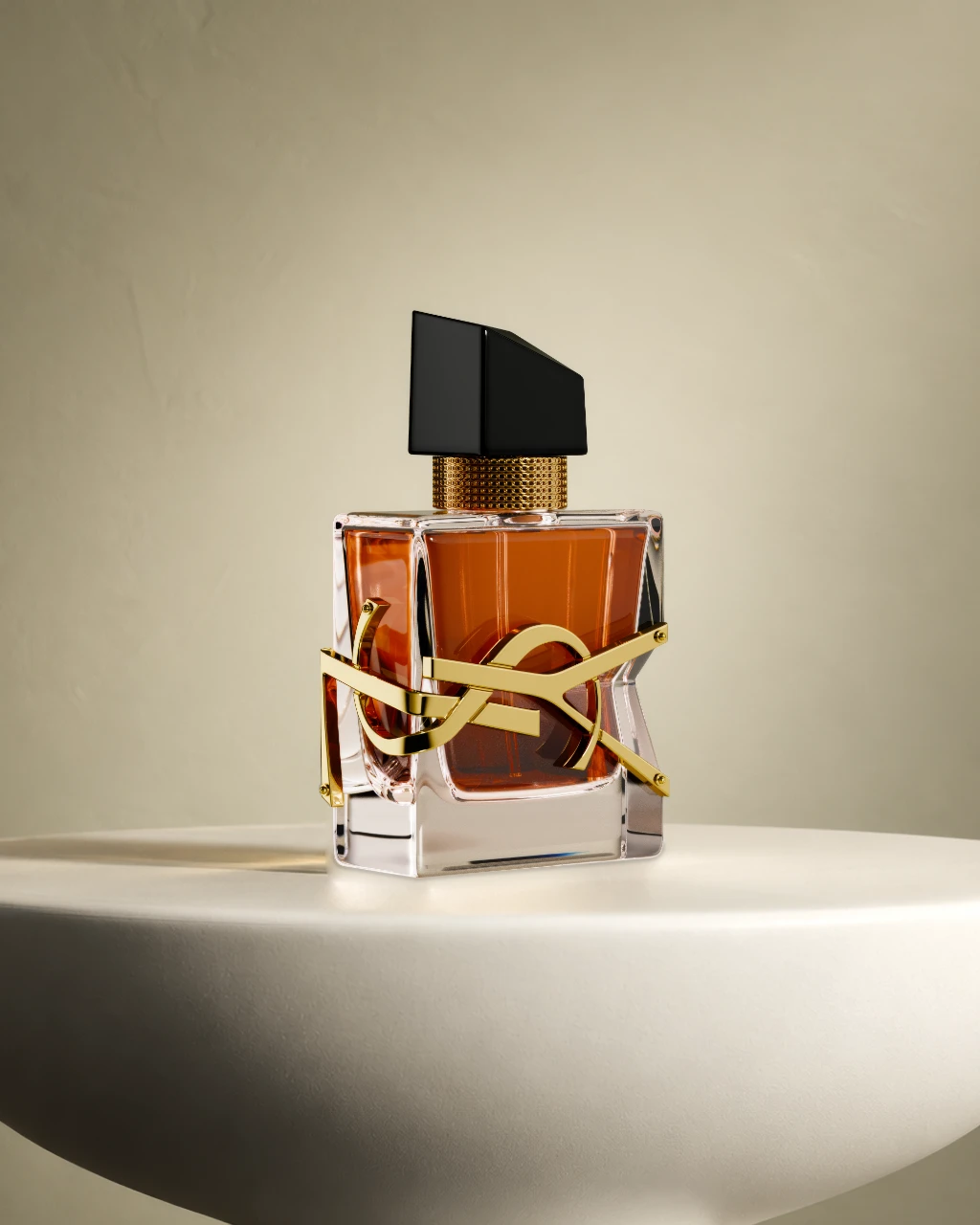 3D rendering of a luxury perfume bottle with gold accents on a white surface, soft light.