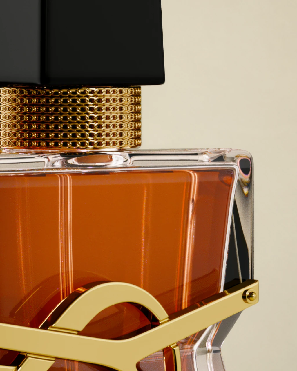 3D rendering of a luxury perfume bottle with amber liquid, gold accents, and black cap on beige background.