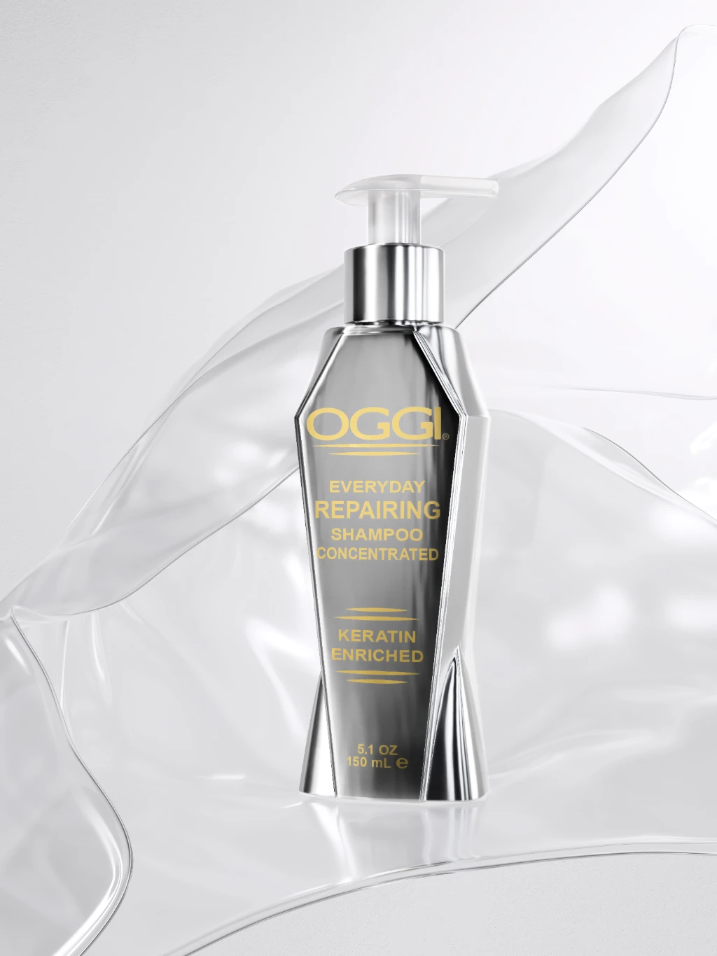 3D rendering of a silver shampoo bottle with gold text on a white background surrounded by transparent waves.