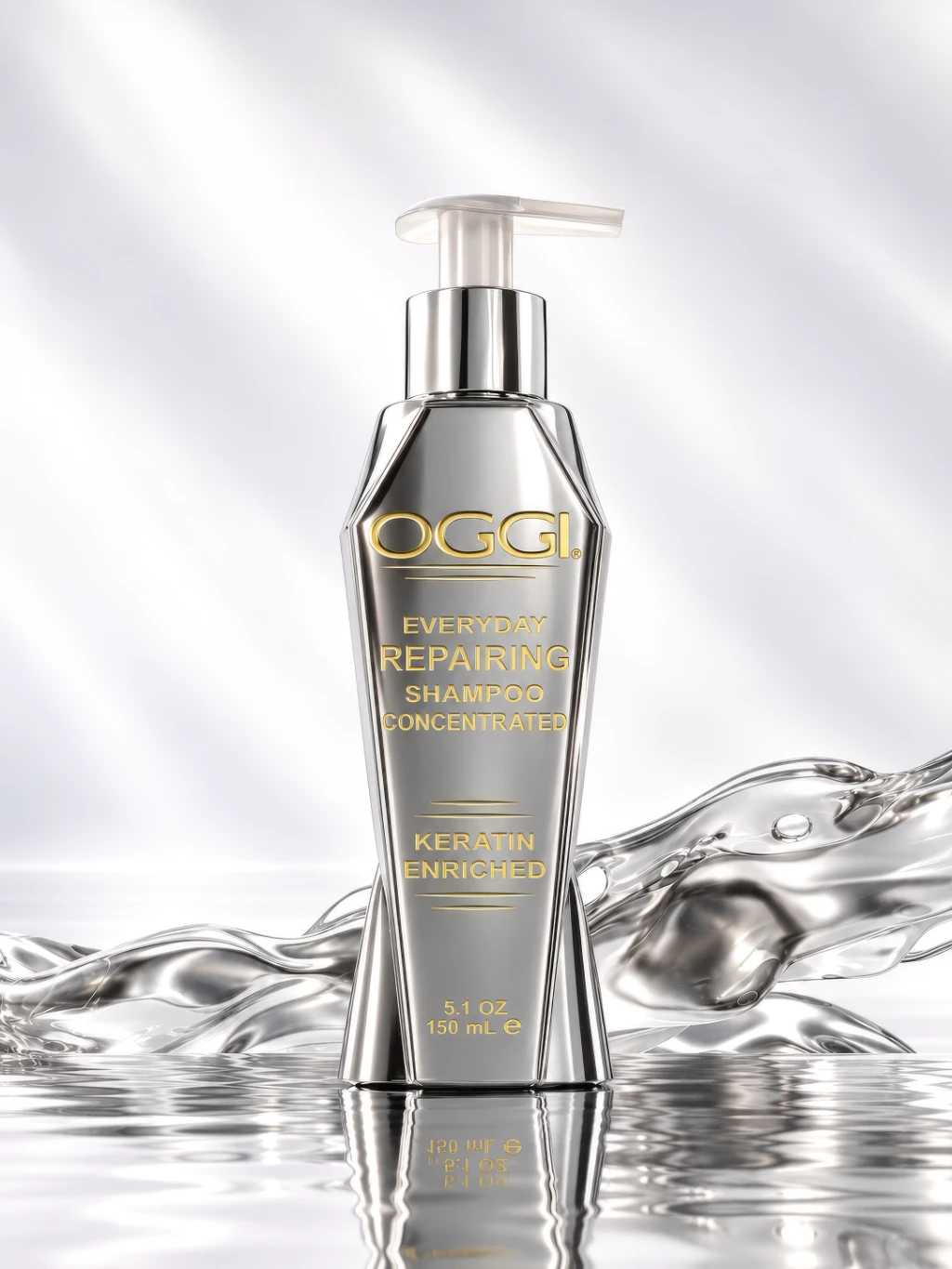 3D rendering of a silver shampoo bottle with gold text on a reflective surface with water.
