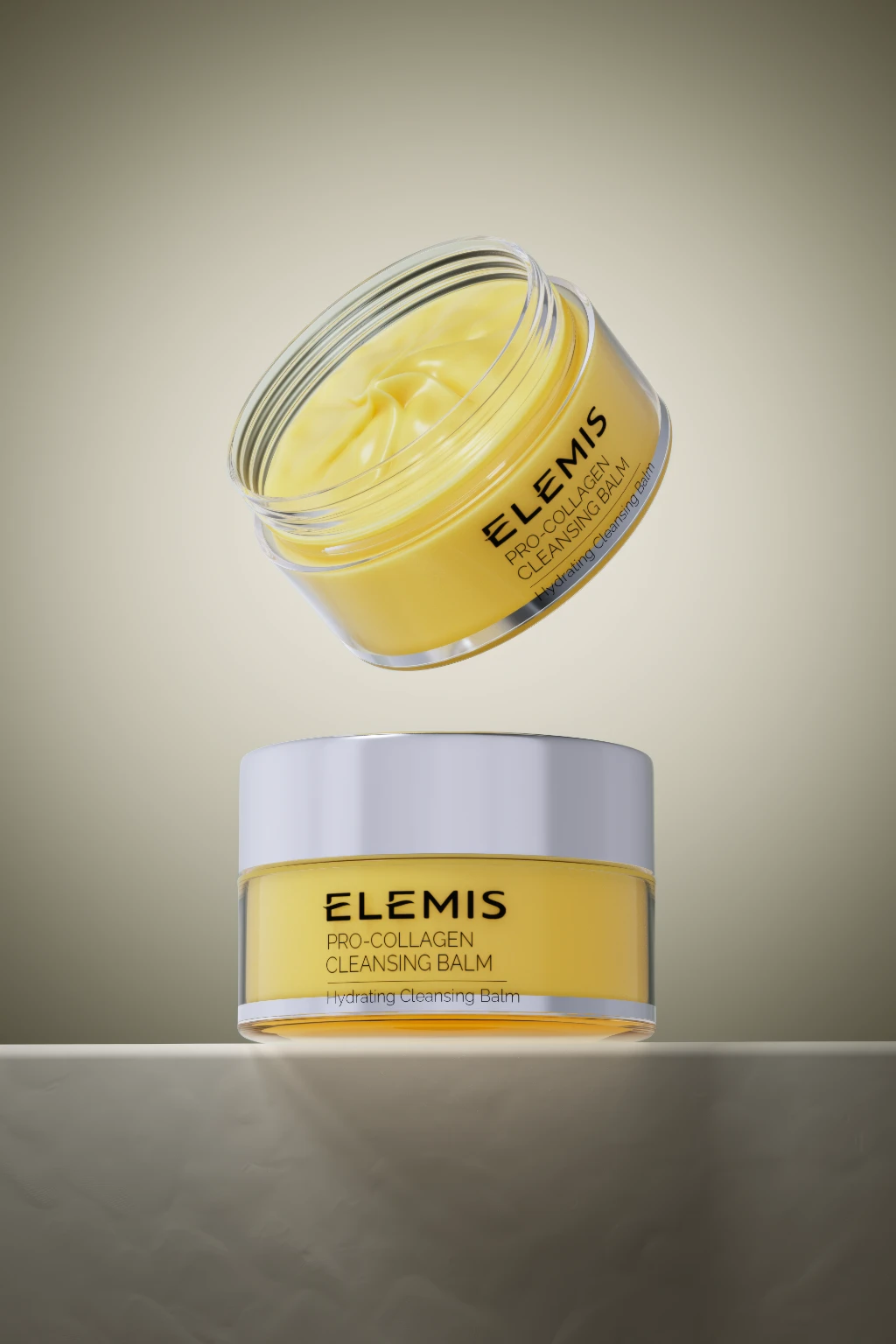 3D rendering of two yellow cleansing balm jars, one floating, on a beige background with soft light.