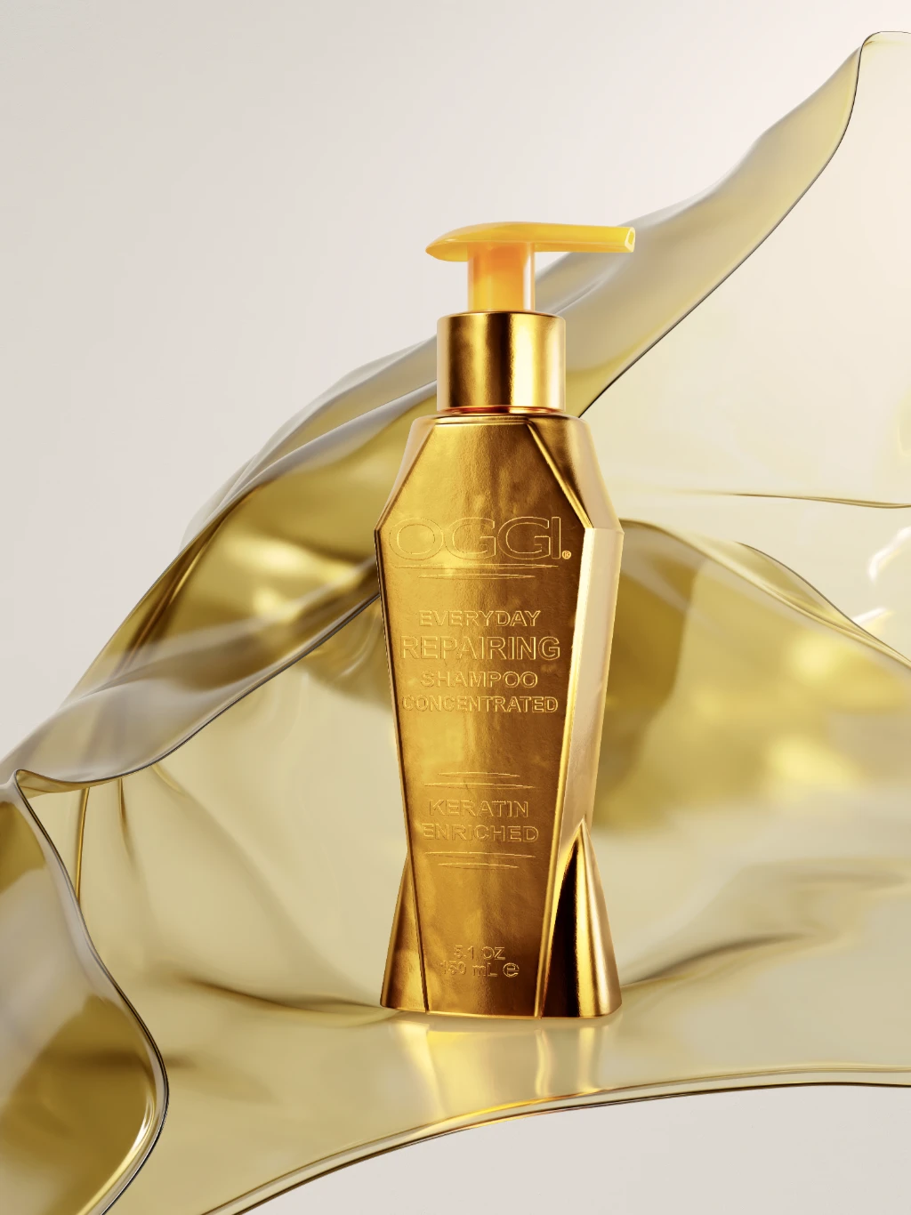 3D rendering of a gold shampoo bottle on wavy gold surfaces with soft light and white background.