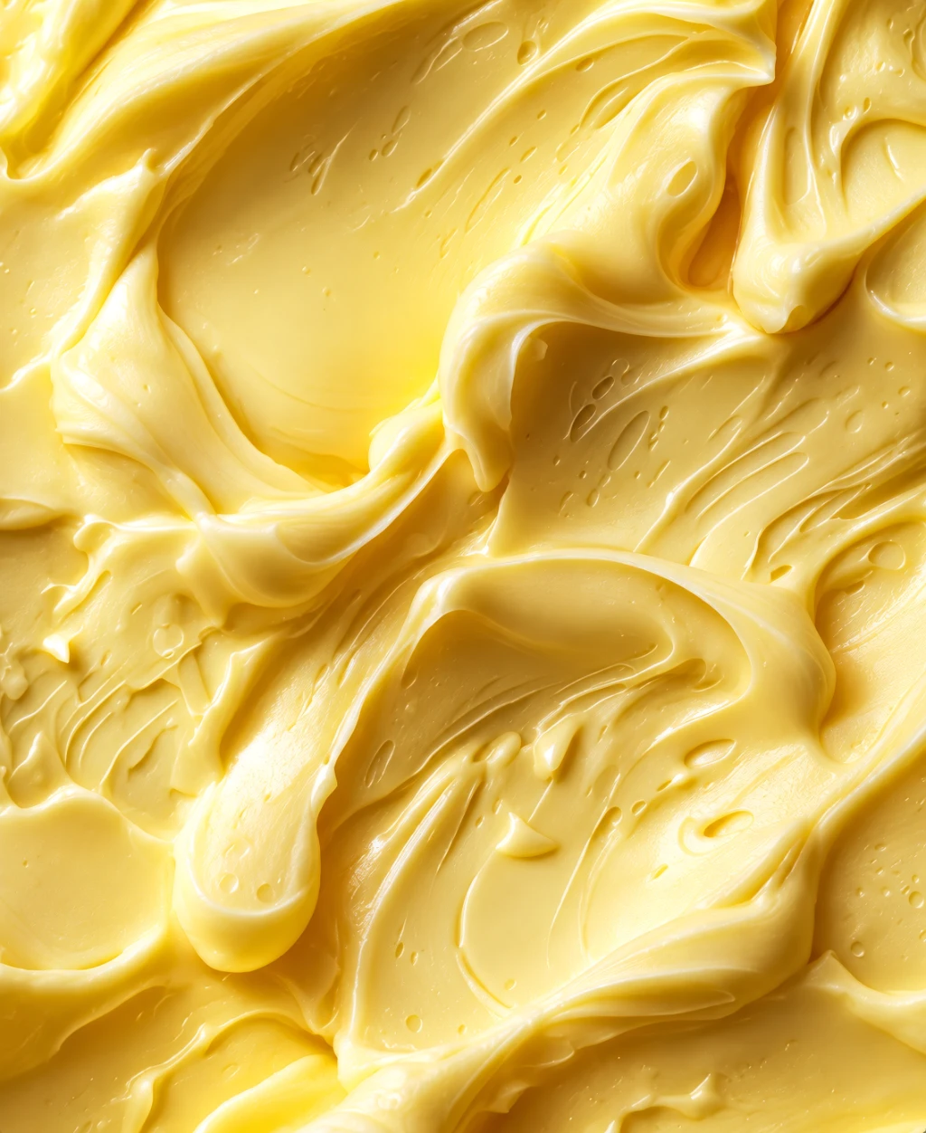 3D rendering of smooth yellow cream with swirling texture and subtle sheen, viewed from above closely.
