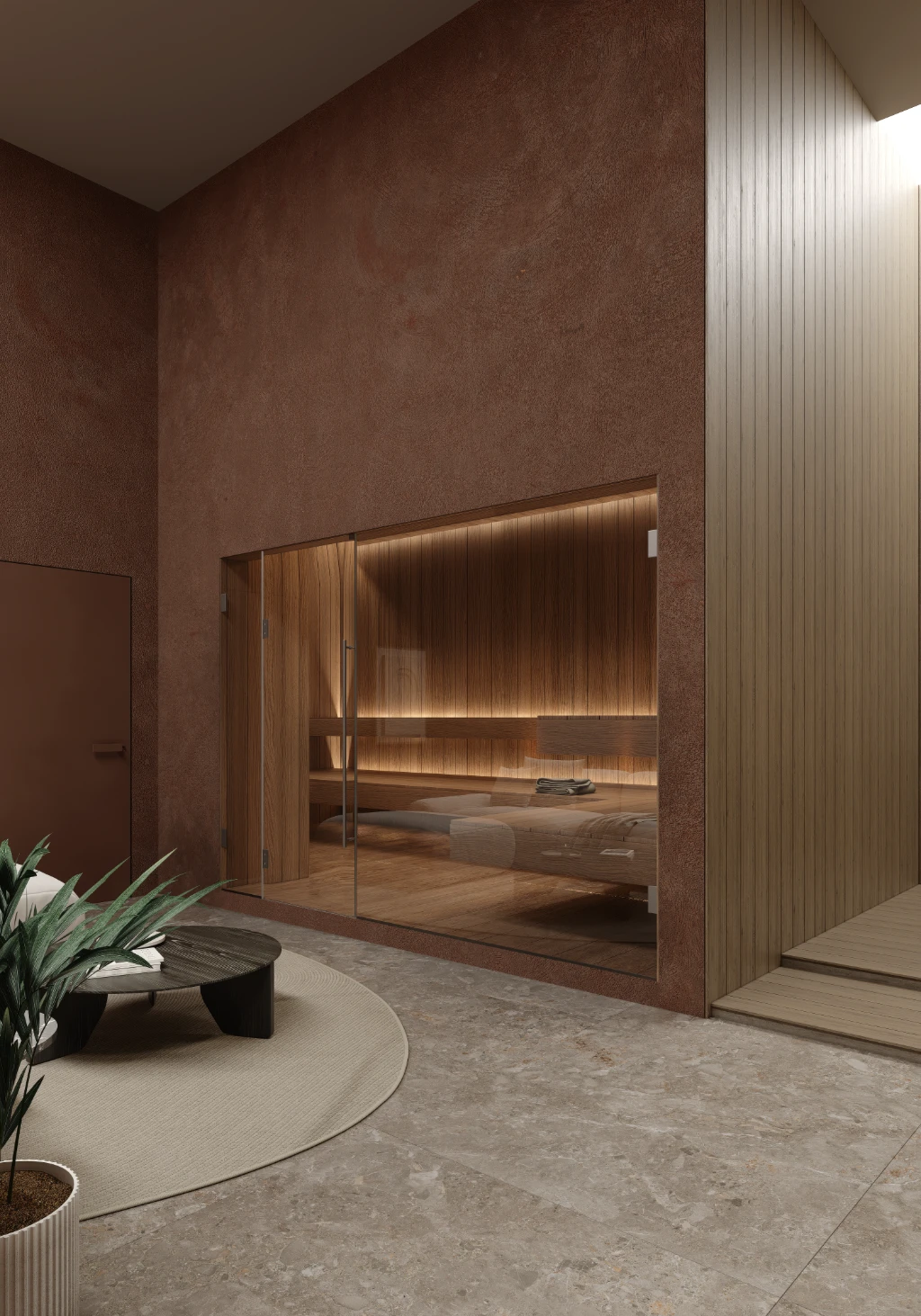 Rendu 3D d'un sauna moderne à l'intérieur en bois, avec lumière chaude et porte d'entrée vitrée.