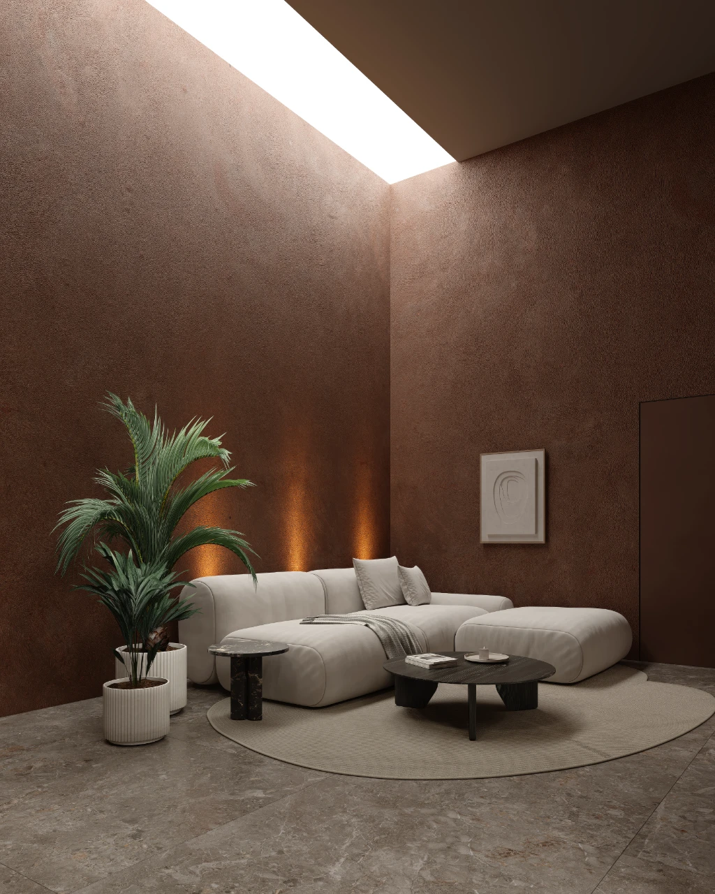 Rendu 3D d'un salon moderne avec murs marron, canapé blanc et lumière naturelle zénithale.