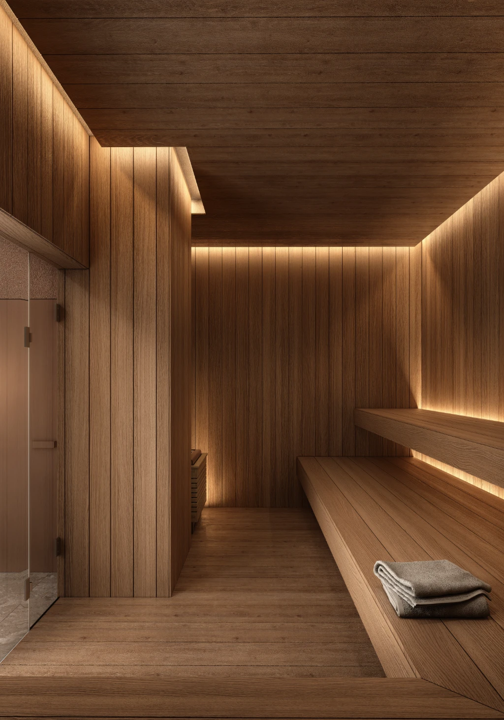 Rendu 3D d'un intérieur de sauna moderne avec murs en bois, banquettes et lumière chaude.