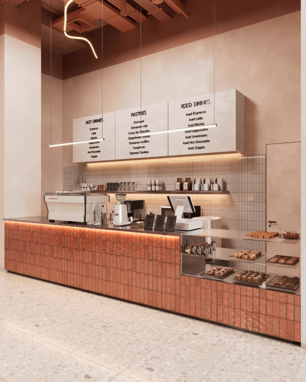 Rendu 3D d'un intérieur de café moderne avec comptoir carrelé, panneaux de menu et viennoiseries.