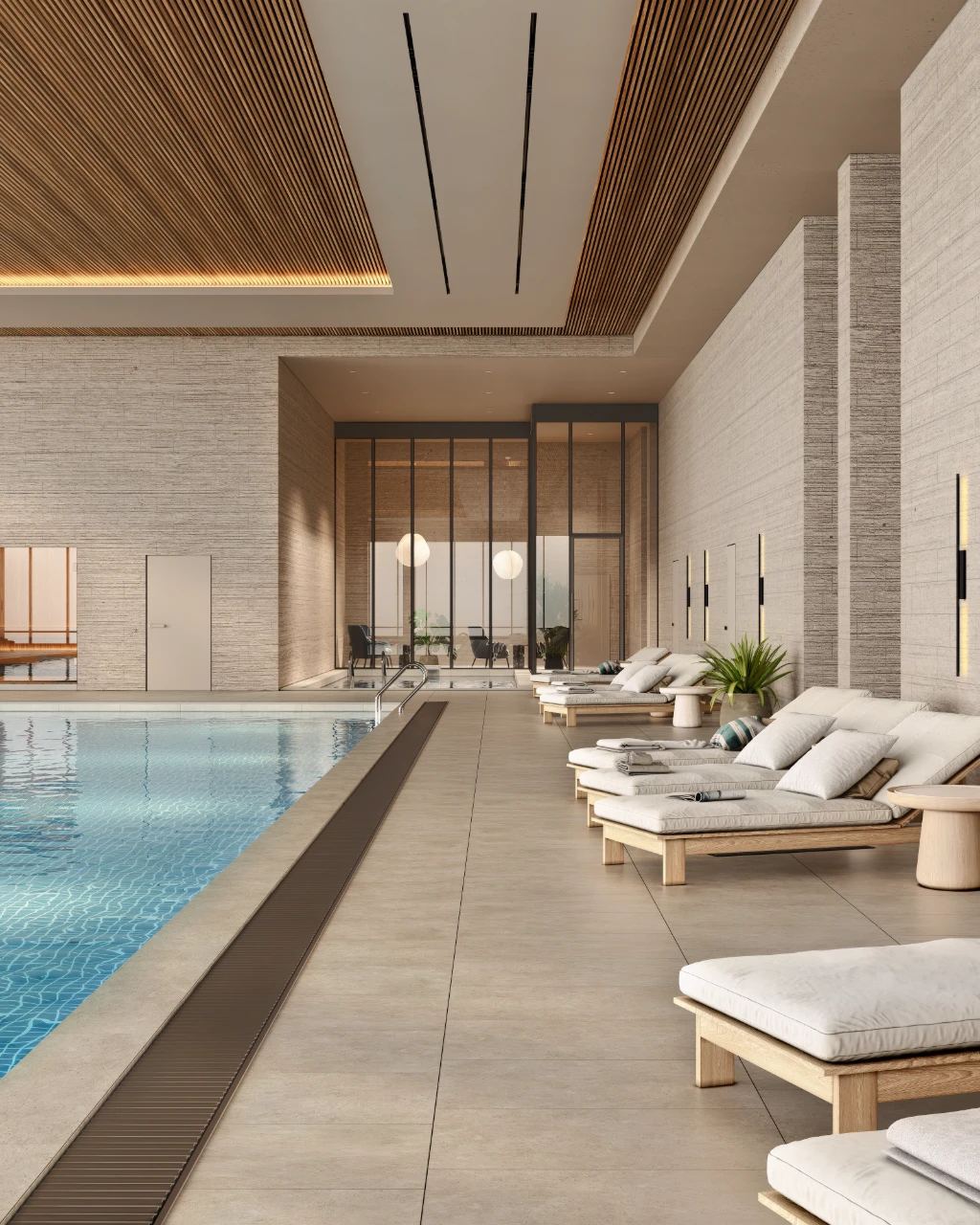 Rendu 3D d'une piscine intérieure paisible avec chaises longues, touches de bois et lumière naturelle.