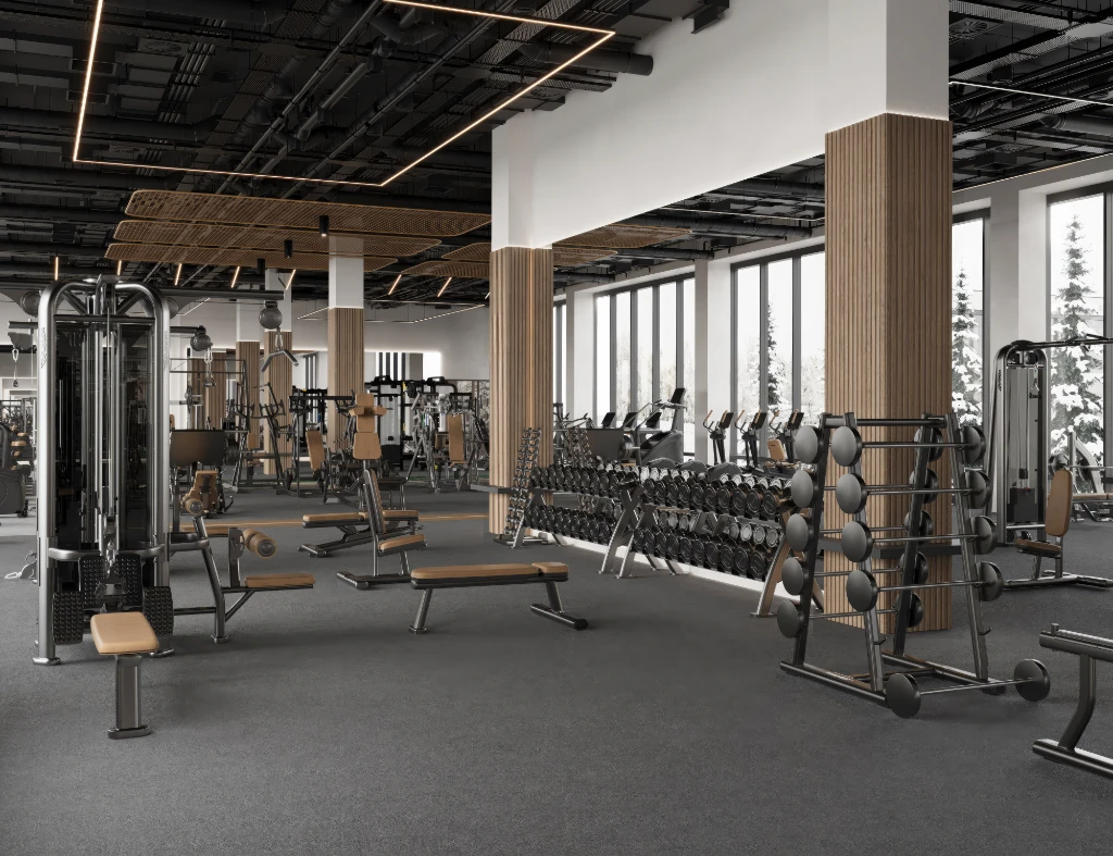 Rendu 3D d'un intérieur de salle de sport moderne et spacieux avec équipements, touches de bois et grandes fenêtres.