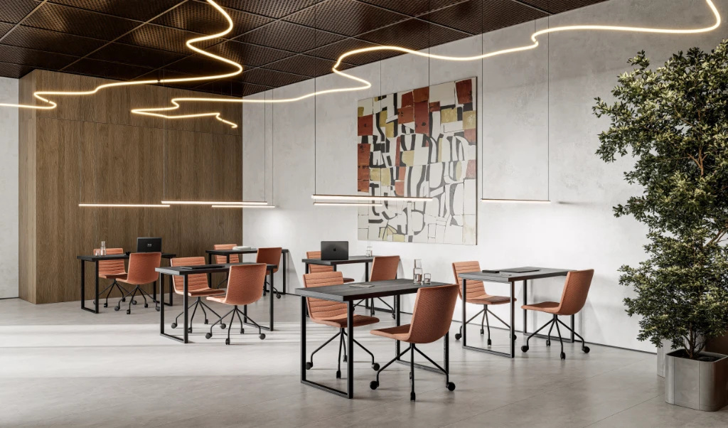 Rendu 3D d'un espace repas moderne avec tables, chaises orange, art abstrait et luminaires originaux.