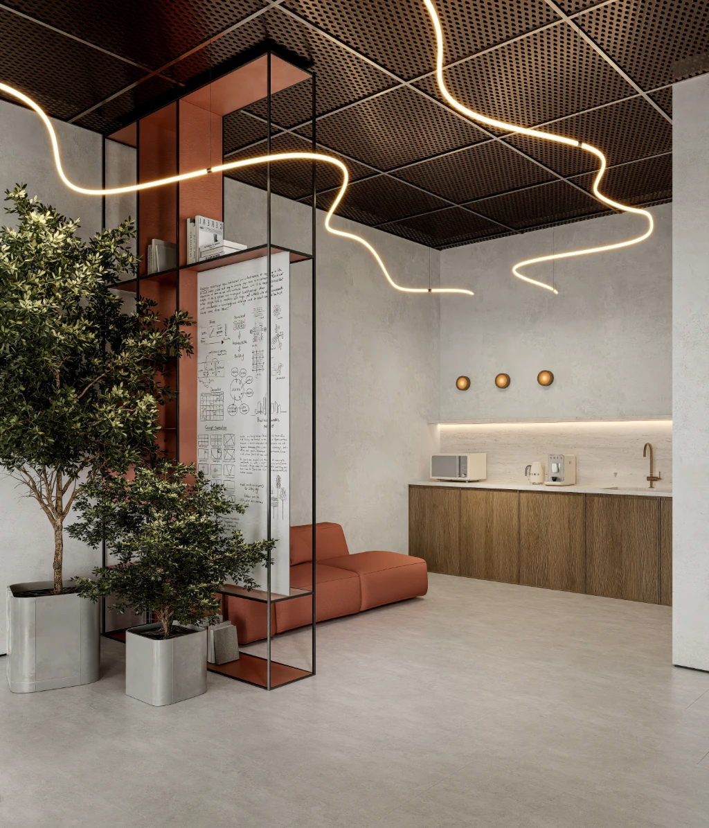 Rendu 3D d'un espace détente moderne avec kitchenette, assises, plantes et éclairage de plafond original.