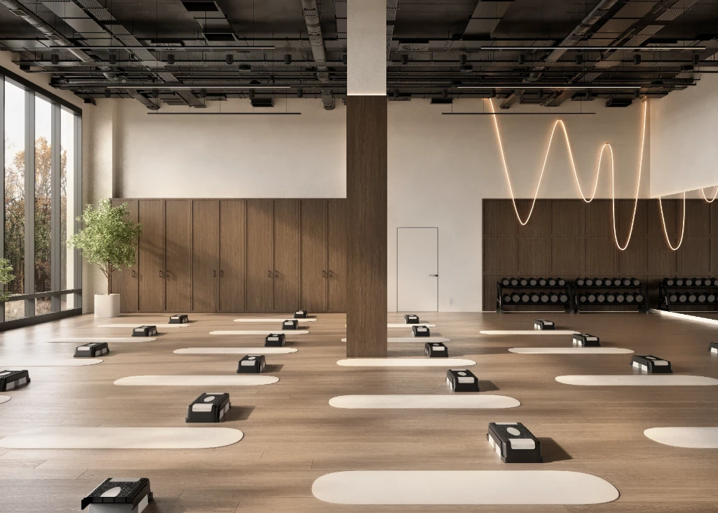 Rendu 3D d'un intérieur de salle de sport moderne avec parquet, touches de blanc et luminaires épurés.