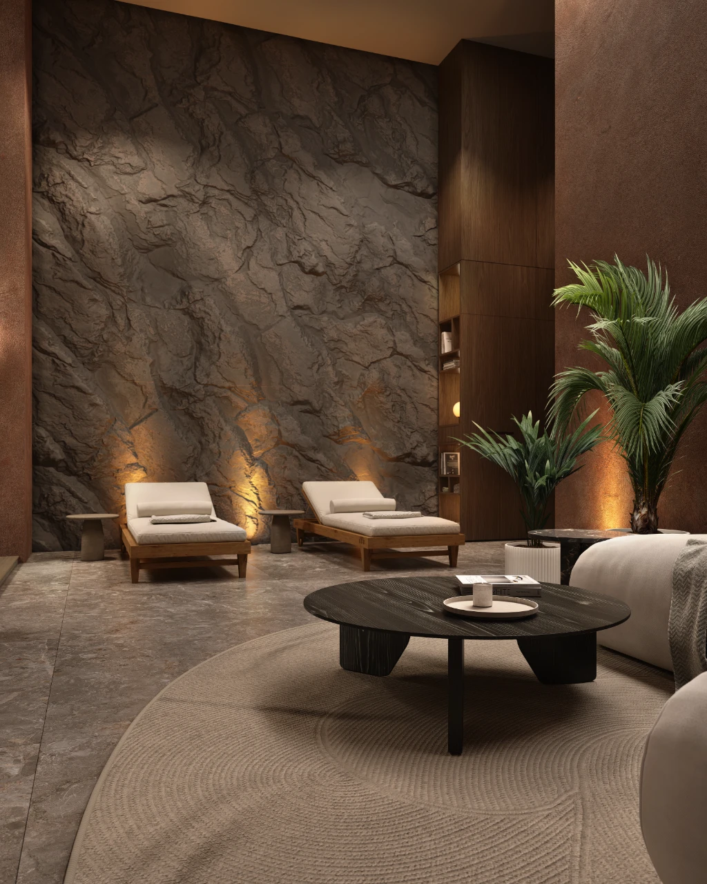 Rendu 3D d'un salon moderne avec mur en pierre, touches de bois et coin assise confortable.