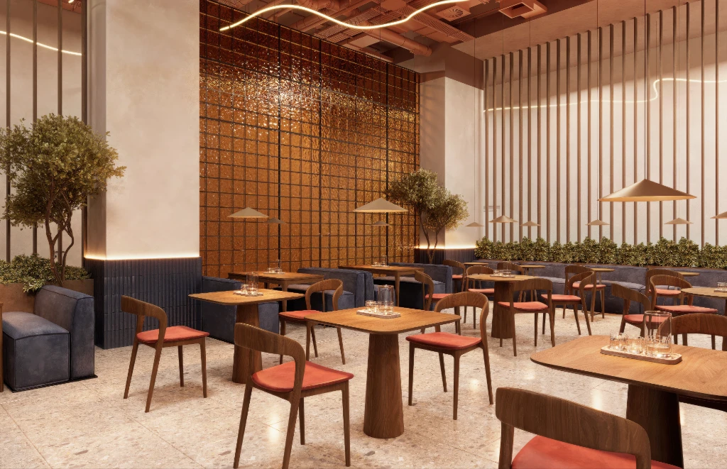 Rendu 3D d'un espace repas moderne avec tables en bois, chaises rouges et mur décoratif en grille de cuivre.