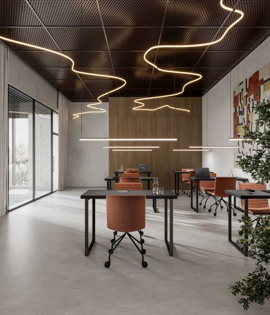 Rendu 3D d'un intérieur de bureau moderne avec bureaux épurés, chaises orange et suspensions ondulées originales.