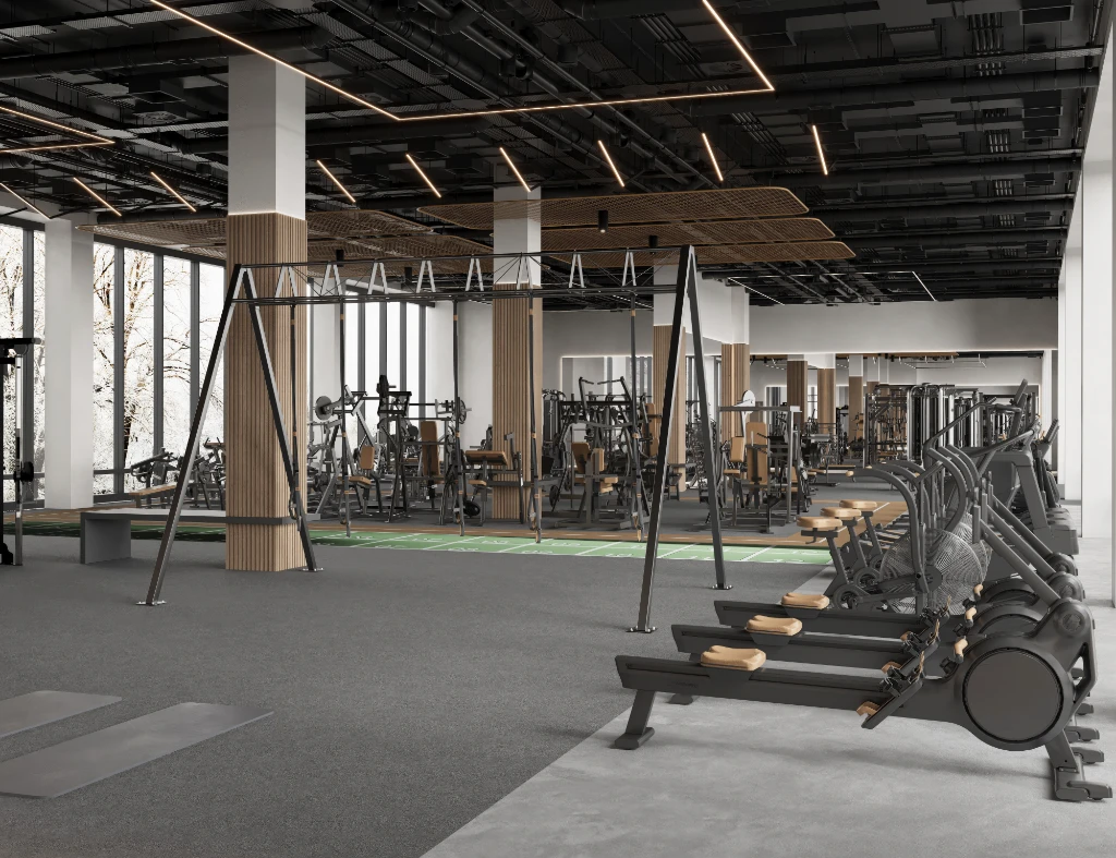 Rendu 3D d'un intérieur de salle de sport moderne avec équipements, moquette grise et grandes fenêtres.