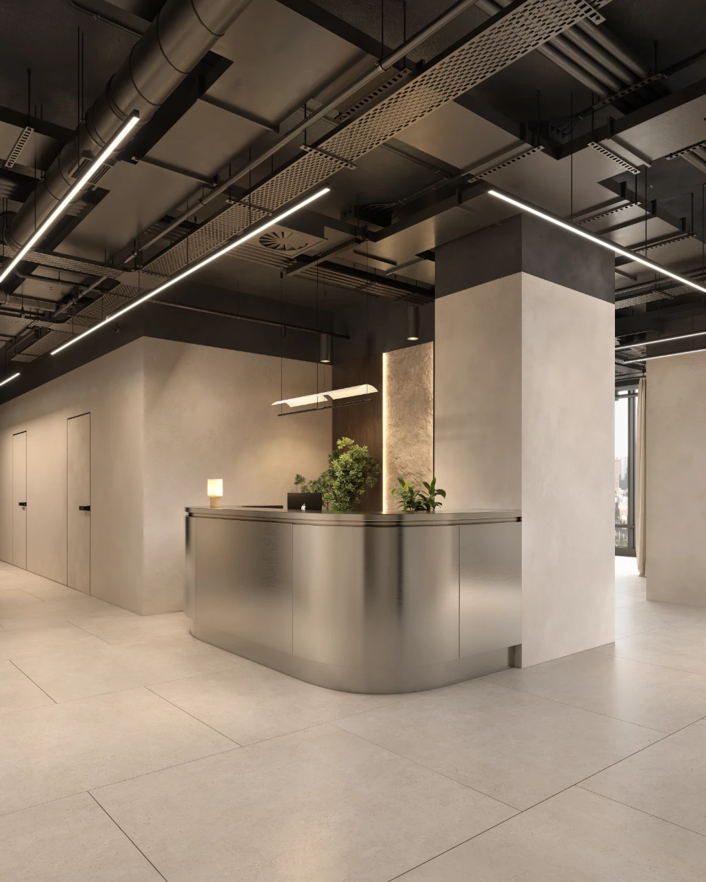 Rendu 3D de l'accueil d'une salle de sport moderne avec comptoir métallique épuré et décor minimaliste.