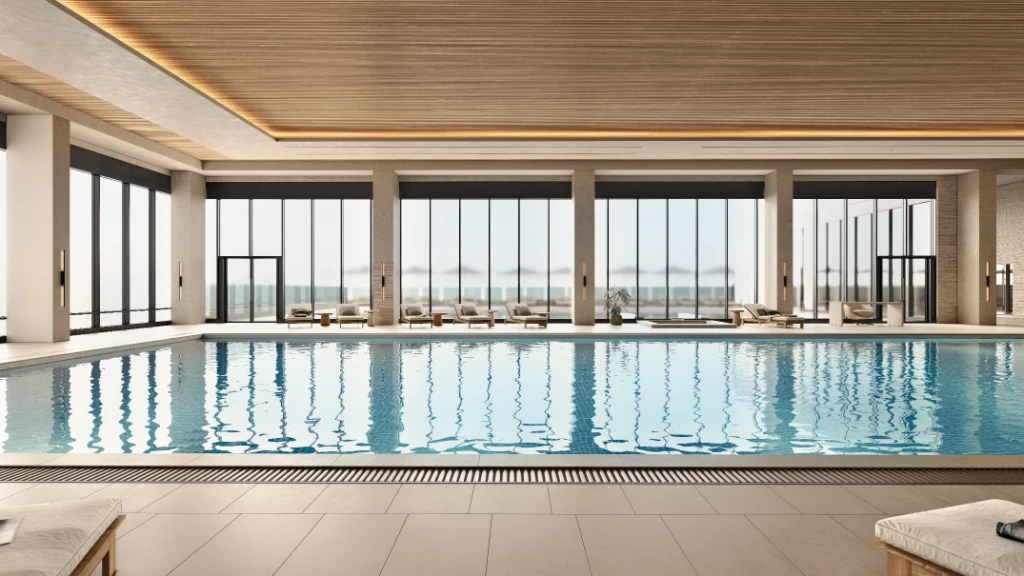 Rendu 3D d'une piscine intérieure avec eau bleue, plafond en bois et grandes baies donnant sur la ville.