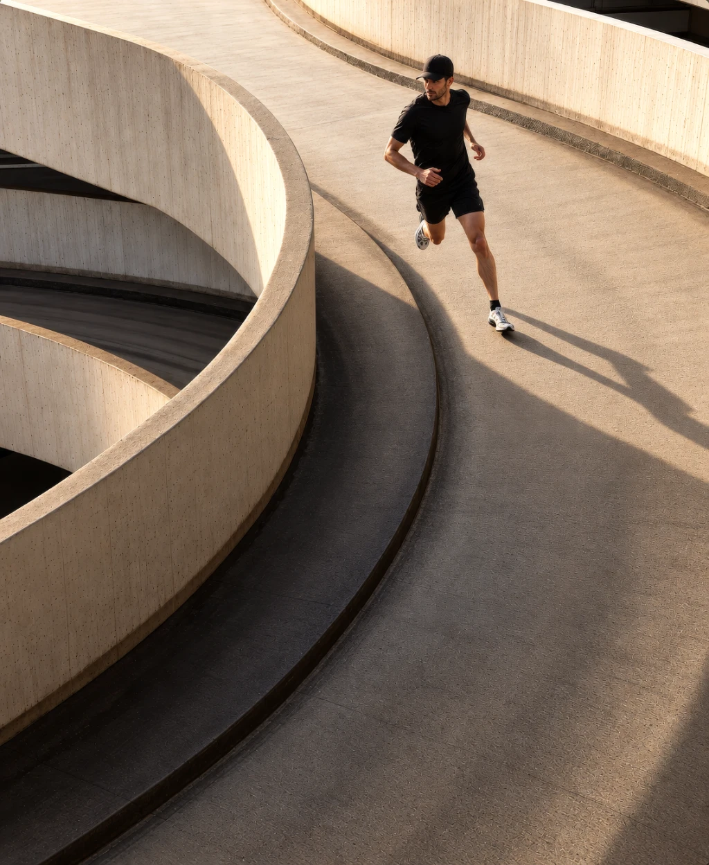 Rendu 3D d'un homme courant sur une piste incurvée en béton dans un espace fitness moderne.