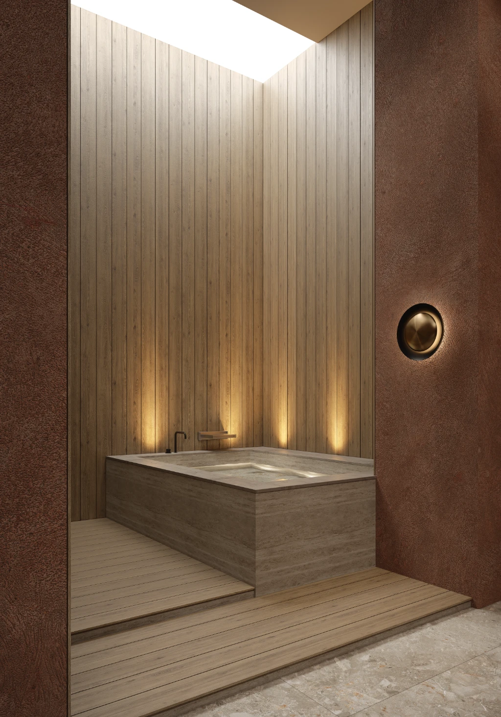 Rendu 3D d'une baignoire moderne dans un intérieur en bois aux textures brunes, en lumière chaude.