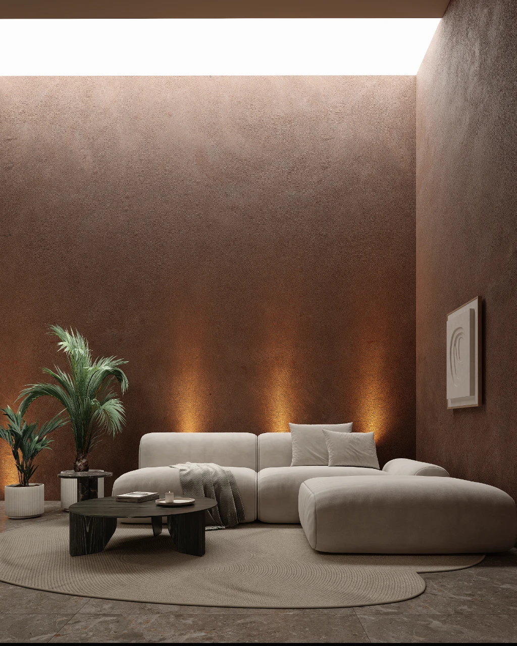 Rendu 3D d'un salon moderne avec canapé d'angle beige, table basse en bois et plantes.