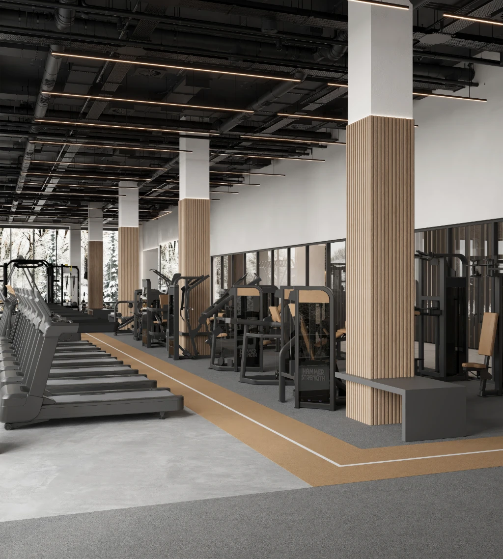 Rendu 3D d'un intérieur de salle de sport moderne avec tapis de course, équipements et touches de bois en lumière naturelle.