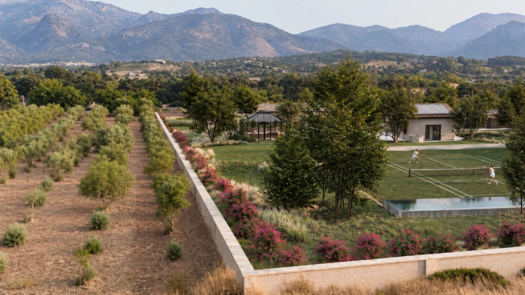3D rendering of a serene landscape with a tennis court, pool, and olive grove in Mallorca.