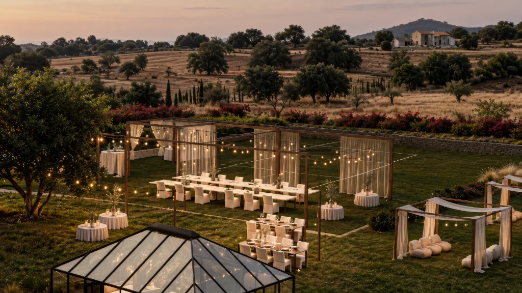 3D rendering of an outdoor event space with white furniture, string lights, and glass structures at dusk.