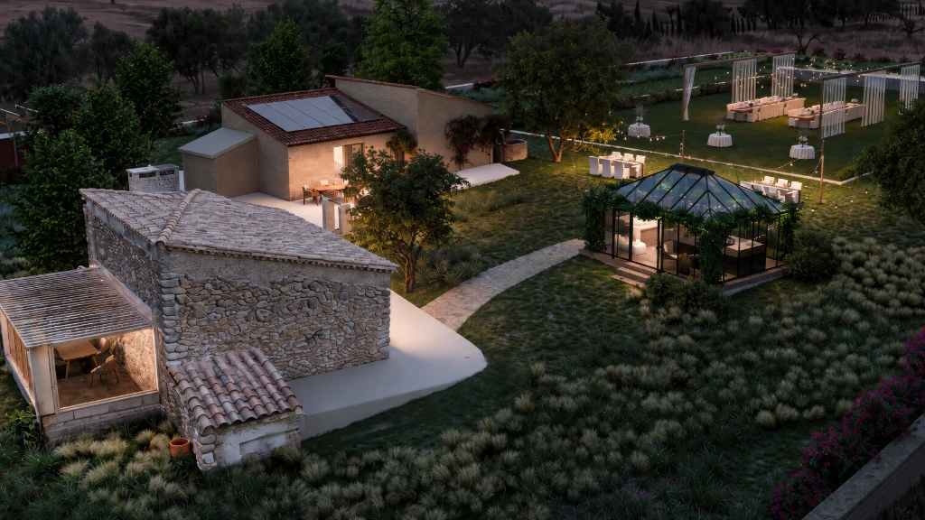 3D rendering of a serene evening scene featuring a stone house, gazebo, and event space in a lush garden.