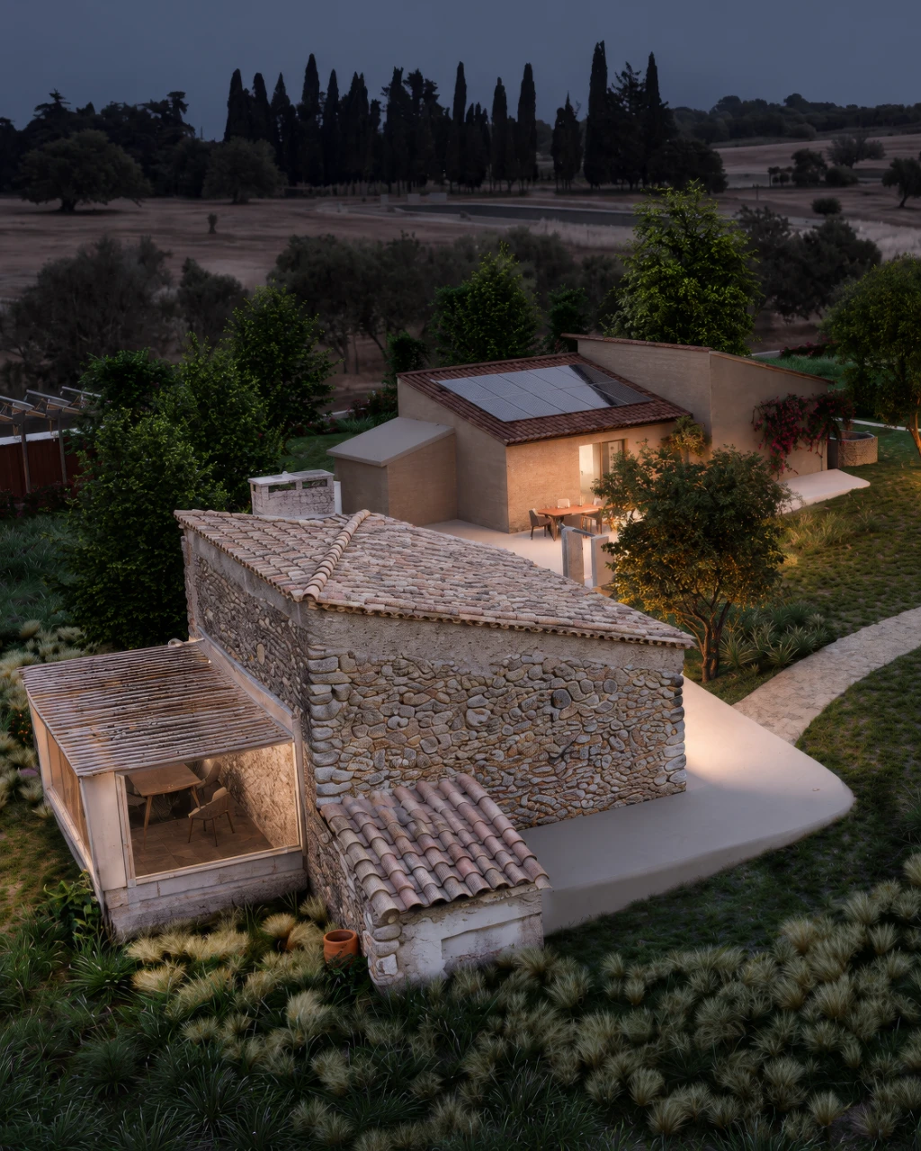 3D rendering of a rustic stone house with tiled roof, surrounded by trees and greenery at dusk.