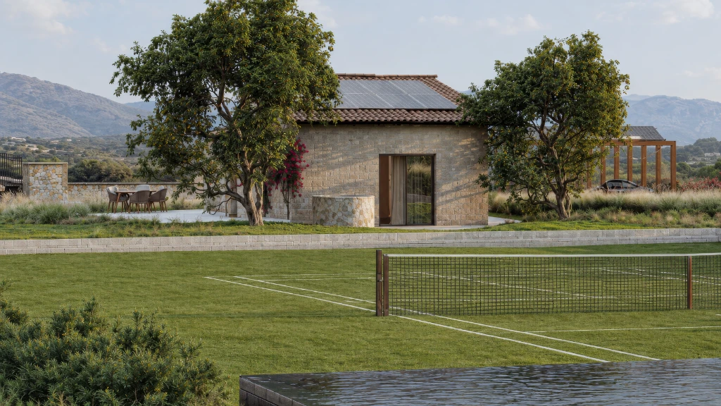 3D rendering of a serene outdoor space with a tennis court, house, and mountainous landscape in background.