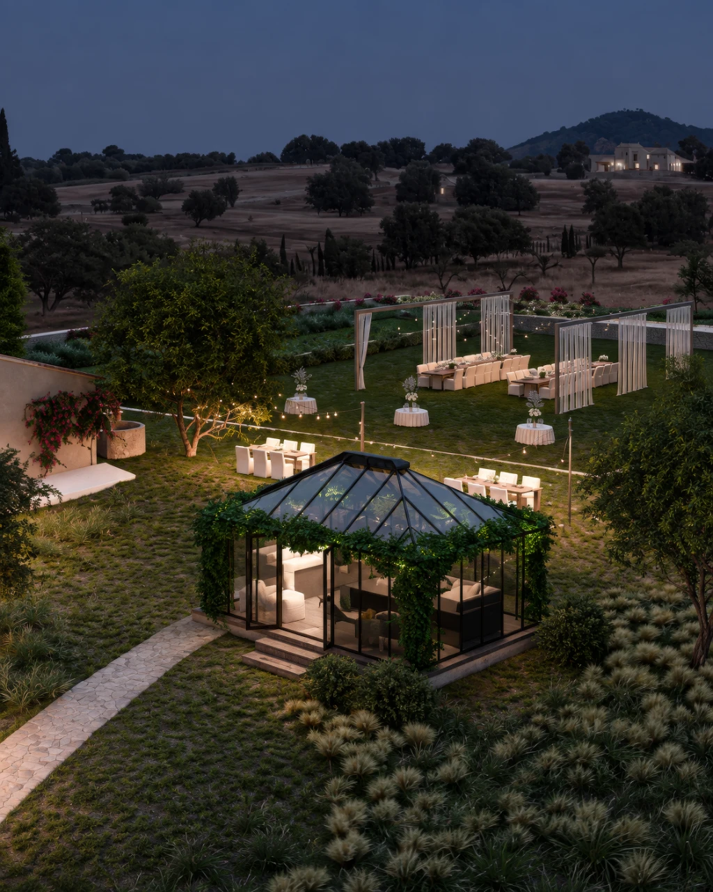 3D rendering of an outdoor event space at dusk, with a glass conservatory and dining areas.