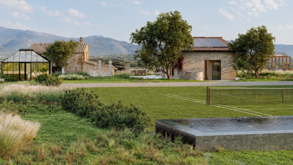 3D rendering of a serene countryside scene with a stone house, greenhouse, and pool amidst lush greenery.