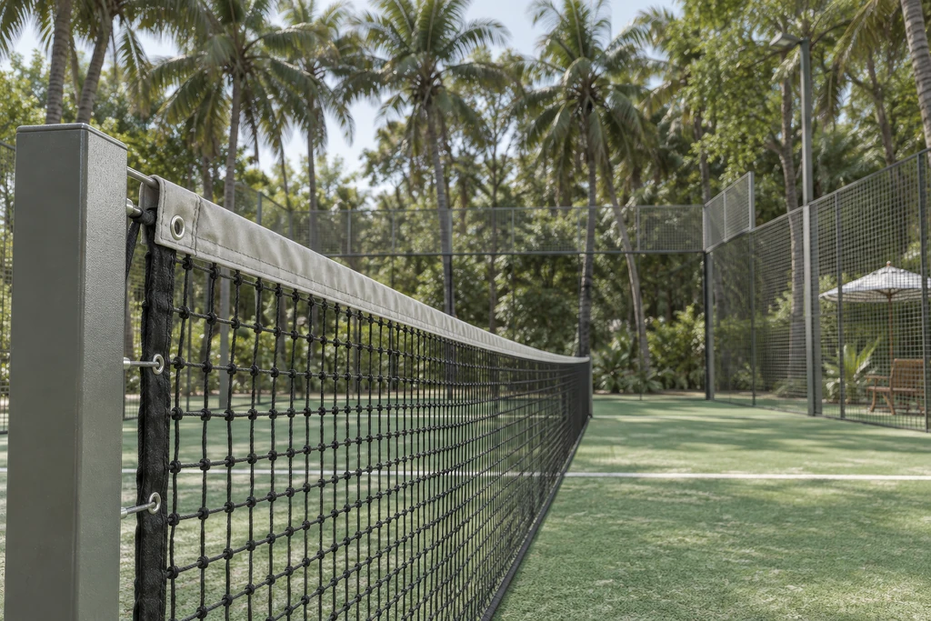CGI-Nahansicht von Padelnetz und Pfosten mit Kunstrasenplatz und Glaswänden dahinter.