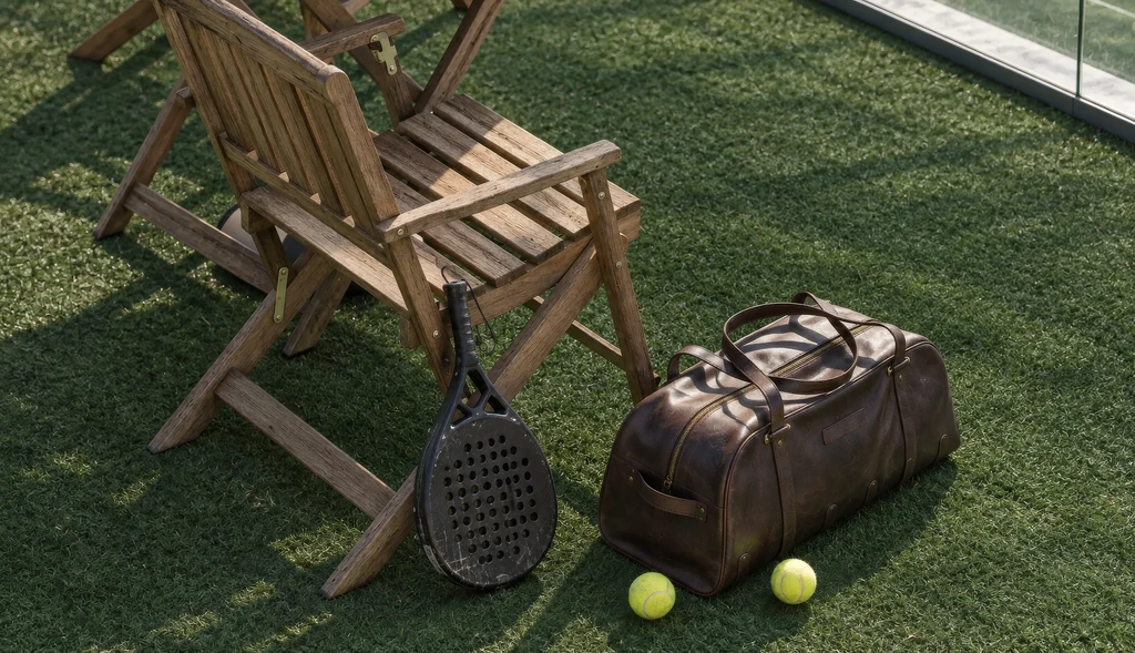 CGI-Detail eines Holzstuhls, eines Padelschlägers, einer Ledersporttasche und Bällen auf dem Kunstrasen.