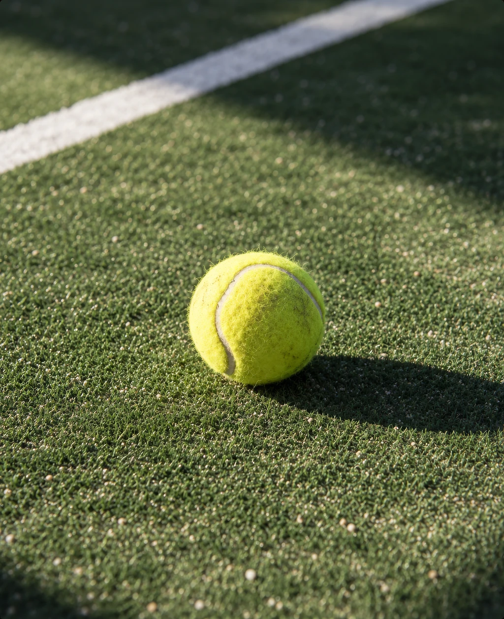 Makro-CGI eines Padelballs auf dem Kunstrasen neben einer Platzlinie.