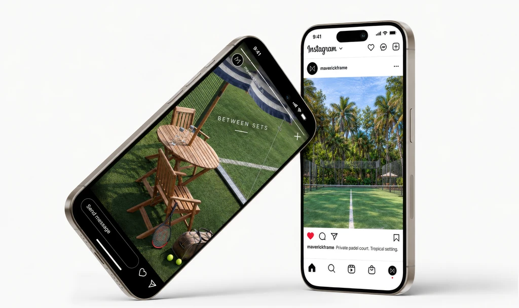 Smartphone-Mockups mit den Renderings des Padelplatzes als Instagram-Post und Story.