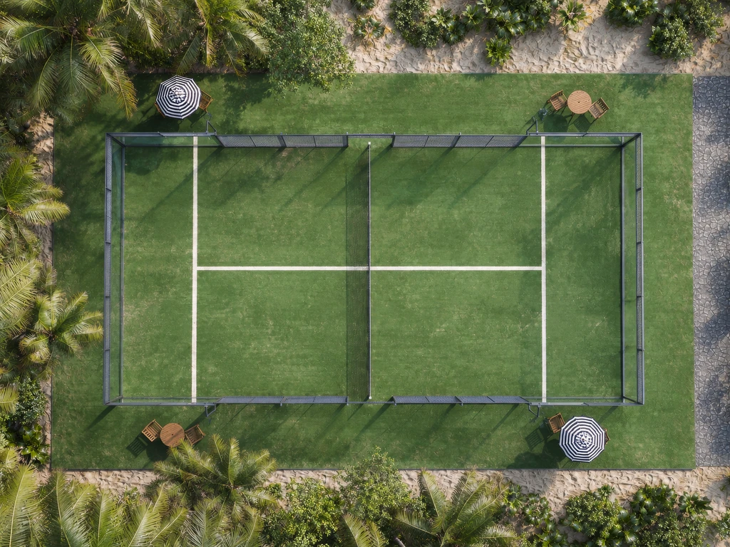 CGI-Draufsicht auf den Padelplatz mit Sonnenschirmen und Sitzplätzen im tropischen Garten.