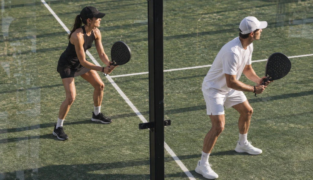 CGI von zwei Padelspielern in Bereitschaftsposition am Netz auf dem grünen Platz.
