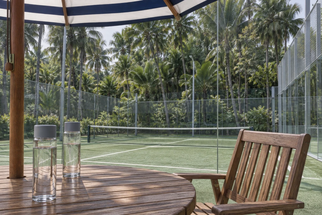 CGI von einem schattigen Tisch am Platzrand mit Stühlen und Wasserflaschen, Blick über den Padelplatz.