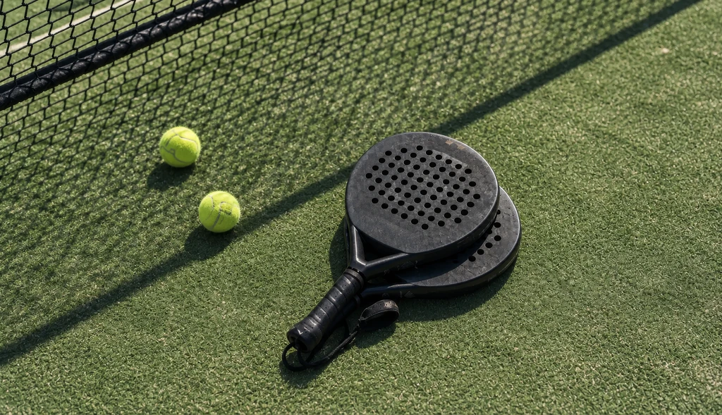 CGI-Nahaufnahme eines Padelschlägers und zweier Bälle am Netz auf dem Kunstrasen.