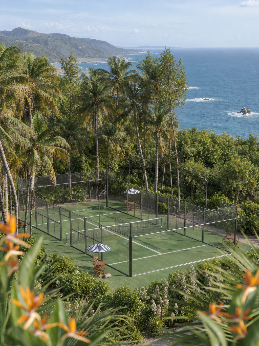 CGI der Küstenvilla mit privatem Padelplatz am bewaldeten Hang über dem Ozean, tropische Blumen im Vordergrund.