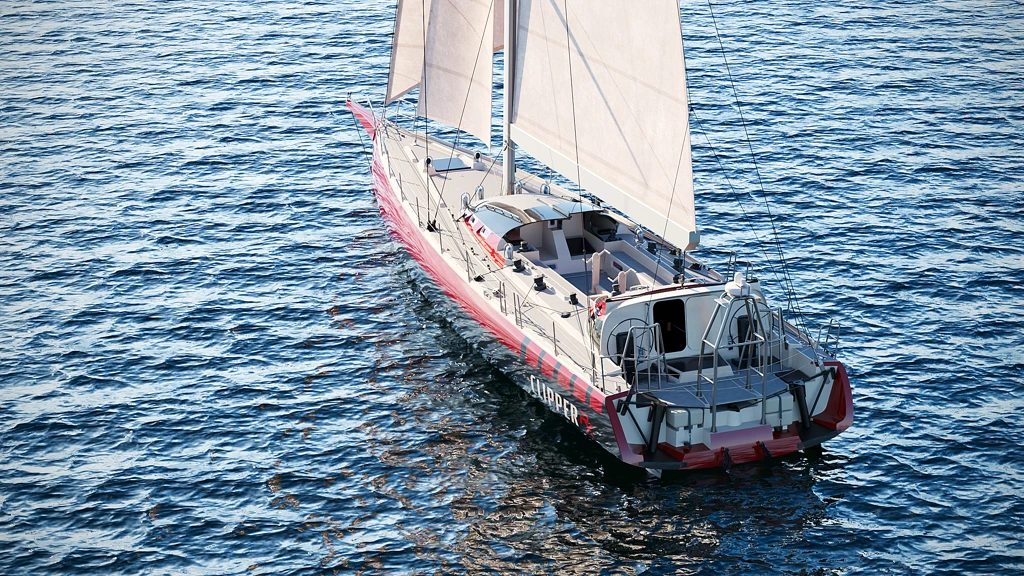 3D-Rendering eines weiß-roten Segelboots mit zwei Segeln auf ruhigem blauem Wasser von oben.