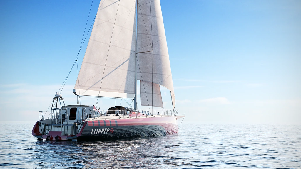 3D-Rendering eines rot-schwarzen Segelboots mit weißen Segeln auf ruhigem Wasser unter blauem Himmel.