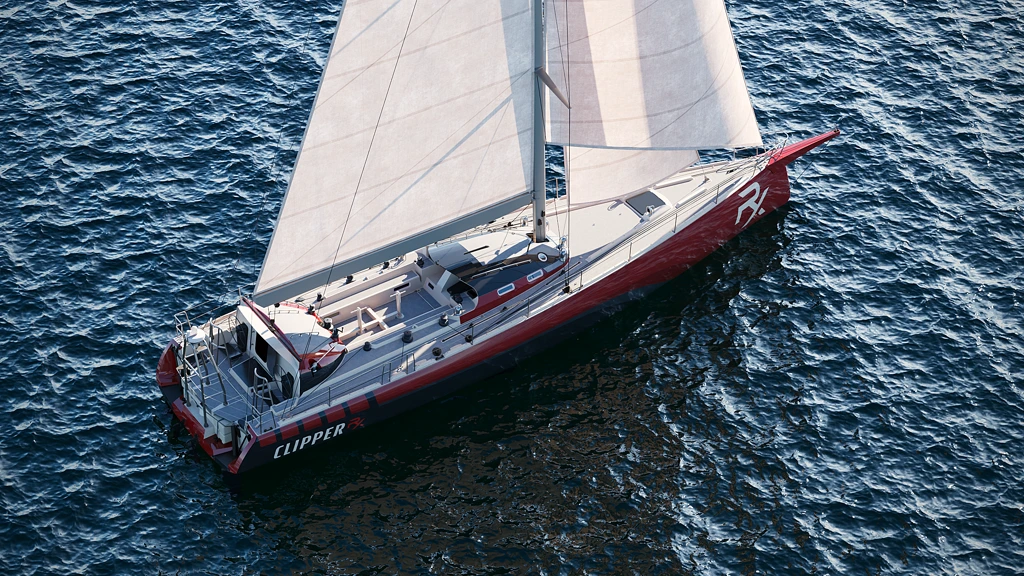 3D-Rendering eines rot-weißen Segelboots mit weißen Segeln auf dunkelblauem Wasser von oben.