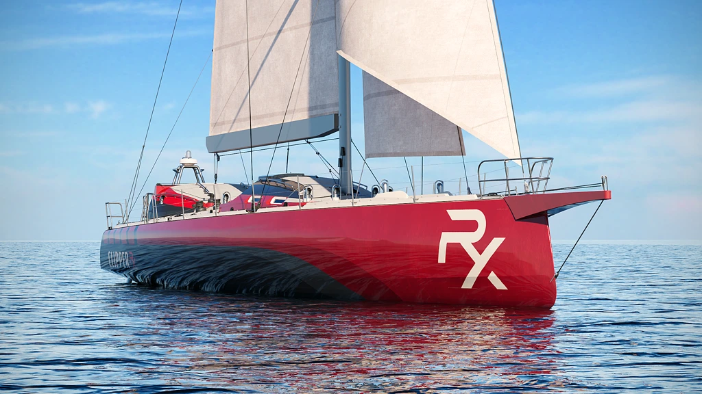 3D-Rendering eines eleganten roten Segelboots mit weißen Segeln auf ruhigem blauem Wasser unter klarem Himmel.
